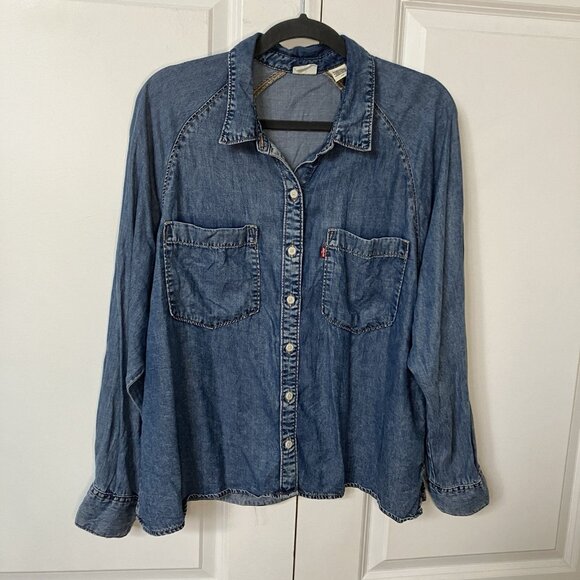 Levi's Shirt Womens L Harrison Raglan Long Sleeve Lyocell Western Button Up Blue - Picture 2 of 6